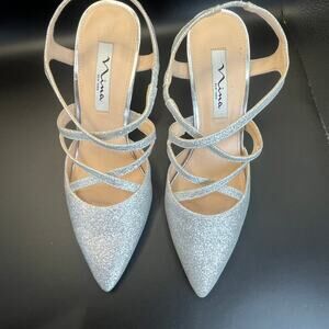 Nina New York Cianna Silver Glitter Strappy Heels Pointed Toe Sparkly